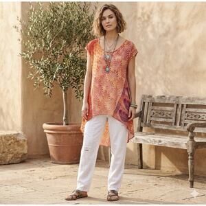 Indie Ella Silk Tunic Top Women’s M/L Orange Paisley Mixed Print High Low Boho